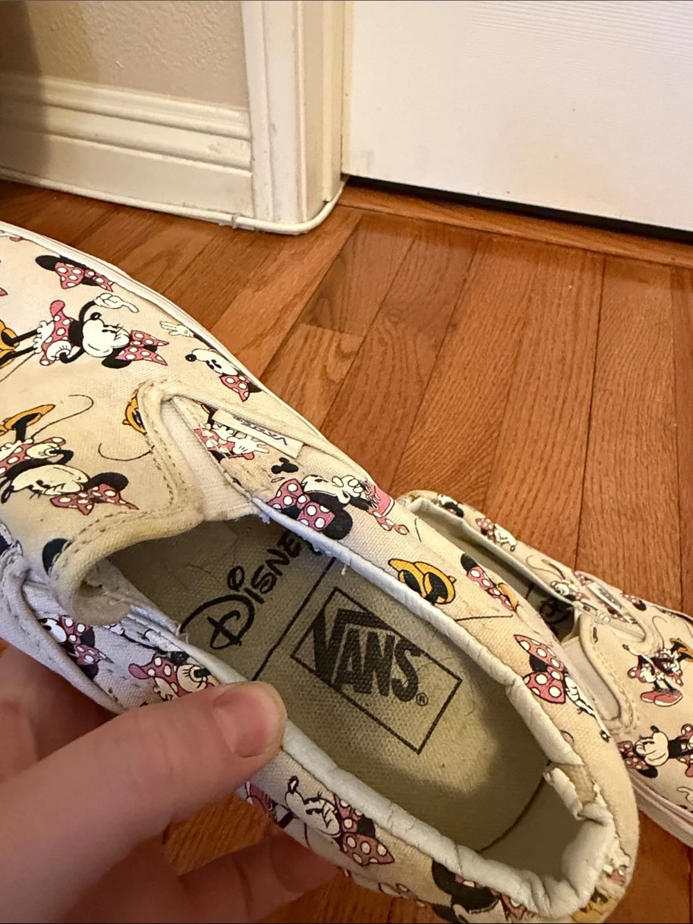 Vans Cream Slip-On Sneakers with Pink and Yellow Minnie Mouse Print Disney
